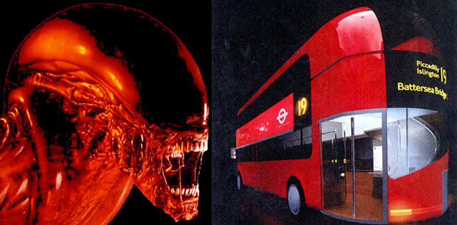 Left: The new Routemaster, Right: An alien, yesterday alien versus routemaster