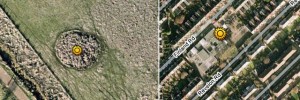 Left: Occasionally, craters are still visible, as here on Leyton Marsh. Right: Often, whole blocks were obliterated, as can still be seen in this aerial image of Brockley.
