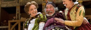 Serena Evans (Mistress Page), Christopher Benjamin (John Falstaff) and Sarah Woodward (Mistress Ford). Photo by John Tramper