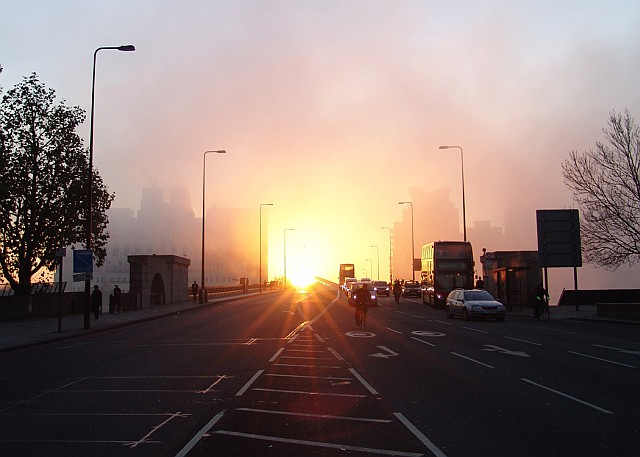 Mistry sunrise over Vauxhall Bridge
