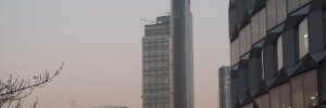The Heron Tower at dusk.