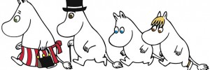 The Moomins on the path to adventure, from left: Moominmamma, Moominpappa, Moomintroll and the Snork maiden.
