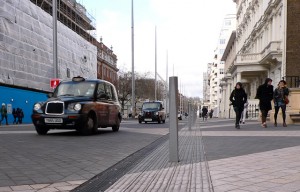 Ridges and the occasional bollard demarcate the road from the pavement