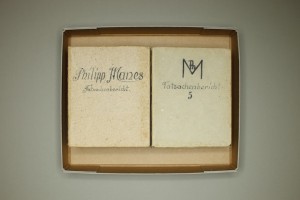 Philipp Manes' nine notebooks detailing life in Terezin Concentration Camp. The last notebook breaks off mid-sentence. After Manes’ deportation to Auschwitz, the notebooks were left with fellow inmate Lies Klemich, who hid them until she was liberated and carried them with her for many months until she found a way to send them to the Franck family in Bavaria who were childhood friends of Manes. They in turn traced his children and sent the notebooks to his daughter Eva Manes in the UK in 1947/8.