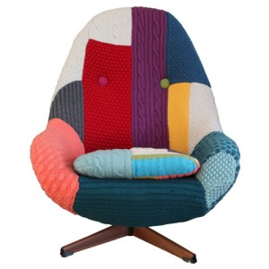 Harry is an original 1960s swivel chair on a metal base with wood finish. Covered in a hand-knitted highly textured patchwork design, with contrast colour deep-set crocheted buttons. £1,900