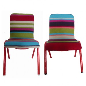 Ollie and Otis are a colourful pair of classic 1950s school chairs. These children’s chairs have gloss red painted legs and a brightly coloured stripe padded seat. £145