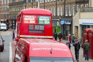 A trailing protest bus