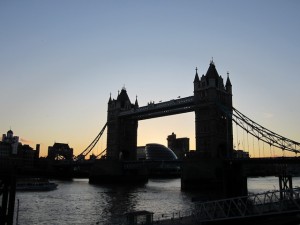 Sunset behind Tower Bridge.