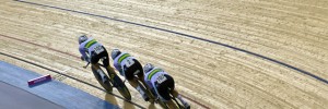 Three cyclists during the team pursuit