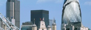 City Skyline and Swiss Re Tower (Gherkin Building). Architect Sir Norman Foster. London, UK