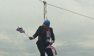 Boris Johnson on a zip wire, Victoria park, east London