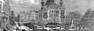 The Alhambra theatre, formerly the Royal Panopticon, dominating the eastern side of Leicester square just after the square’s new garden had been opened in 1874.