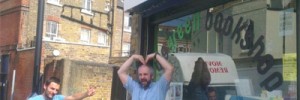 Simon and Tim at the Big Green Bookshop, feeling Olympic!