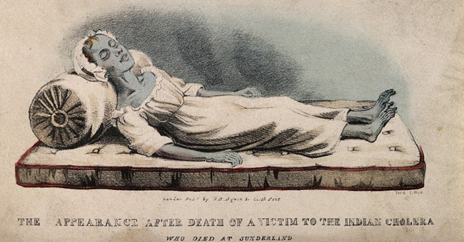 V0010484 A dead victim of cholera at Sunderland in 1832. Coloured lit