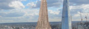 A scaled-down Beacon of Progress superimposed next to the Shard. In reality, it would have been half as tall again.