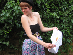 Lady models stained pants