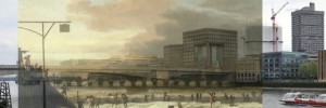 17324_streetmuseumLB A frost fair in front of London bridge, old and new.