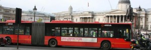An atheist bus passing the Gaza demo in Trafalgar Square / image courtesy of Dissonancefalling