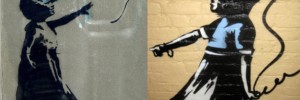 Left: Banksy original balloon girl (image by Herschell Hershey in Londonist Flickr pool. And right: the new version, surely by a different artist.